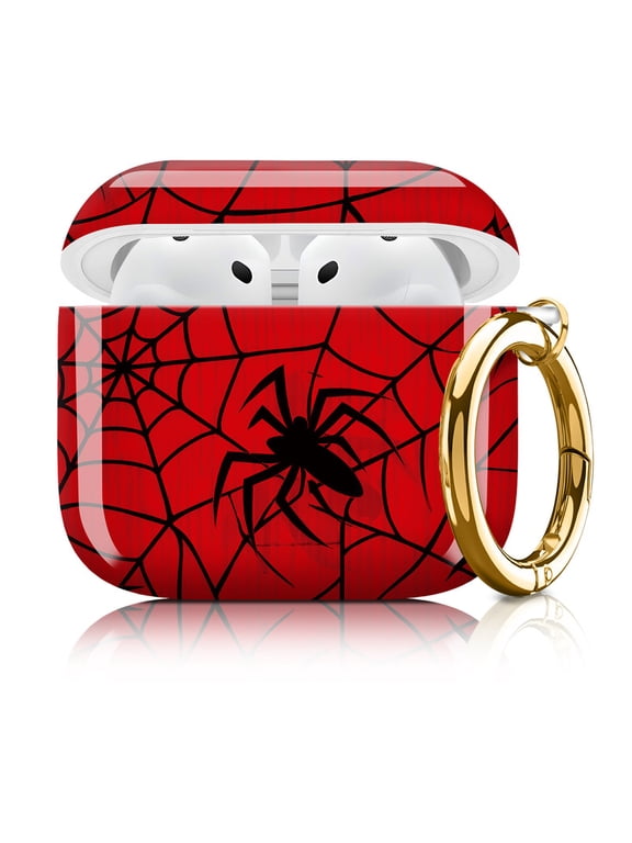 Cute Case Cover Compatible with Airpods 4, Shockproof Protective Earbuds Case for Women Girls with Gold Round Keychain Spider Web Pattern