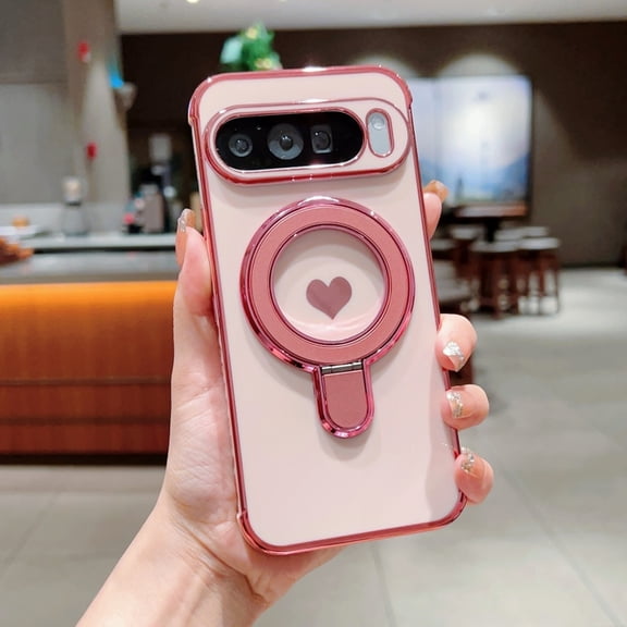 Cute Case for Google Pixel 10a with Heart Pattern, Plated Frame Ring Stand Holder Lightweight Slim Shockproof Anti-Scratch Protective Cover for Women and Girls for Google Pixel 10a, Pink