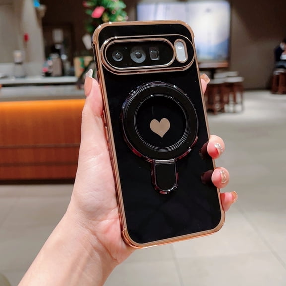 Cute Case for Google Pixel 8 with Heart Pattern, Plated Frame Ring Stand Holder Lightweight Slim Shockproof Anti-Scratch Protective Cover for Women and Girls for Google Pixel 8, Black