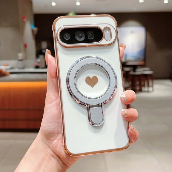 Cute Case for Google Pixel 9/9 Pro with Heart Pattern,Plated Frame Ring Stand Holder Lightweight Slim Shockproof Anti-Scratch Protective Cover for Women and Girls for Google Pixel 9/9 Pro,White