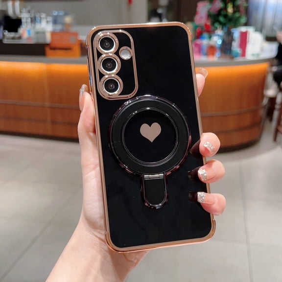 Cute Case for Samsung Galaxy A26 5G with Heart Pattern, Plated Frame Ring Stand Holder Lightweight Slim Shockproof Anti-Scratch Protective Cover for Women Girls for Samsung Galaxy A26 5G, Black