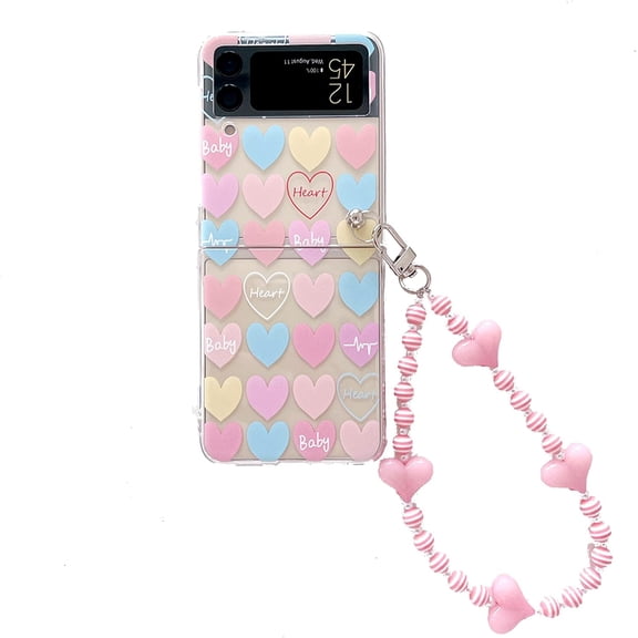 Cute Case for Galaxy Z Flip 4 with Love Heart Beads Strap, Women Case for Z Flip 4 Kawaii Lanyard Case, Pretty Girly Lovely Case for Samsung Z Flip 4