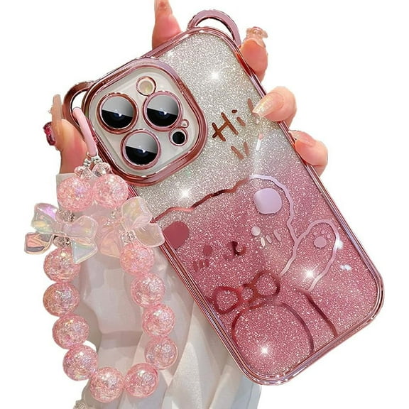 Cute Case for iPhone 13 Pro Max,Bear Pattern Case with Butterfly Pearl Wrist Chain for Women/Girls Gift, Removable Glitter Papper Soft TPU Shockproof Cover 6.7 Inch