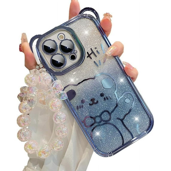 Cute Case for iPhone 14 Pro Max,Bear Pattern Case with Butterfly Pearl Wrist Chain for Women/Girls Gift, Removable Glitter Papper Soft TPU Shockproof Cover for iPhone 14 Pro Max 6.7 inch