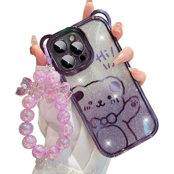 Cute Case for iPhone 14 Pro Max,Bear Pattern Case with Butterfly Pearl Wrist Chain for Women/Girls Gift, Removable Glitter Papper Soft TPU Shockproof Cover for iPhone 14 Pro Max 6.7 inch