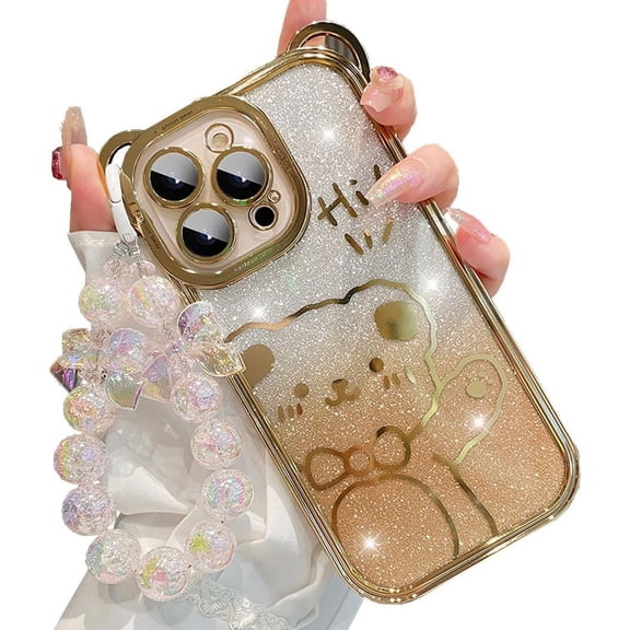 Cute Case for iPhone 14 Pro Max,Bear Pattern Case with Butterfly Pearl Wrist Chain for Women/Girls Gift, Removable Glitter Papper Soft TPU Shockproof Cover for iPhone 14 Pro Max 6.7 inch