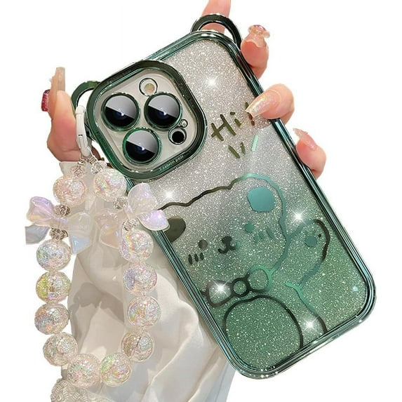 Cute Case for iPhone 14 Pro Max,Bear Pattern Case with Butterfly Pearl Wrist Chain for Women/Girls Gift, Removable Glitter Papper Soft TPU Shockproof Cover for iPhone 14 Pro Max 6.7 inch