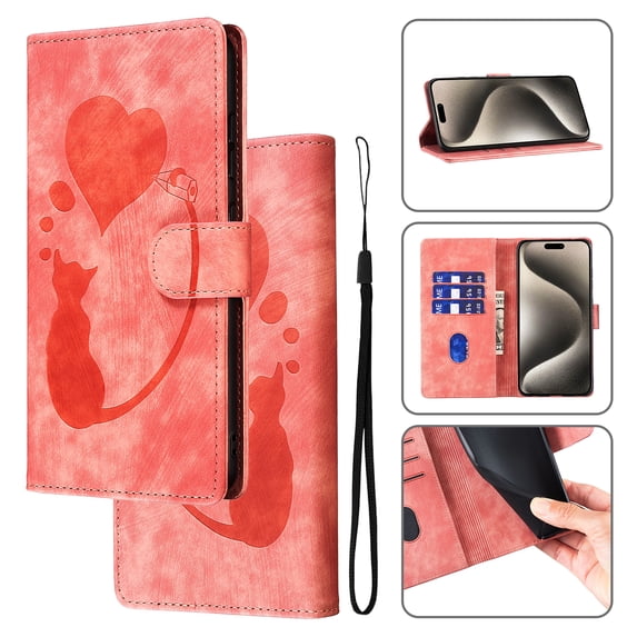 Cute Case for iPhone 7 / 8 / SE 2020 / SE 2022 Wallet,Magnetic Flip Case Credit Card Slots,Embossed Cat Love Heart,Premium Retro PU Leather, RFID Blocking & Wrist Strap & Kickstand Phone Case,Pink