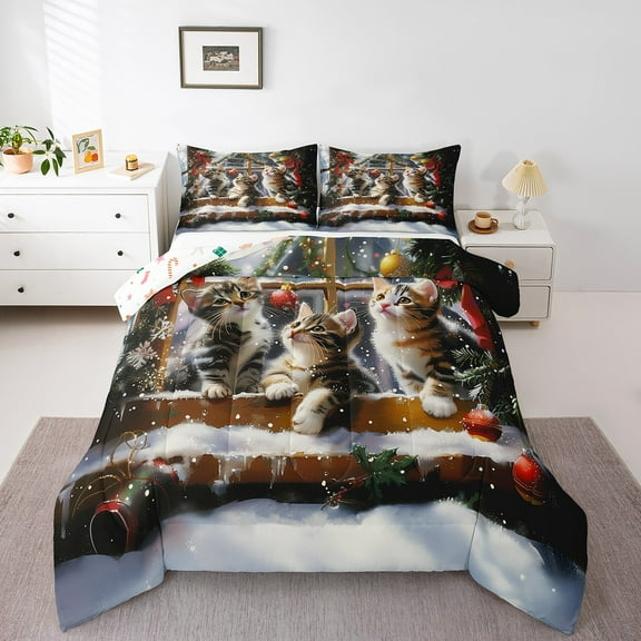 Cute Cat 3 Pcs King Size Comforter Set,Merrry Christmas Down AlterAdults Bedroom Decor,Cartoon Kitty Snowflake Ultra Soft Microfiber Inner Fill 3Pcs Bedding