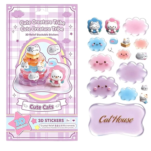 Cute Cat 3D Relief Stackable Stickers Set,Crystal Puffy Stickers for Kids, DIY Scene Building Decals for Scrapbooking, Journaling, Crafts & Gifts