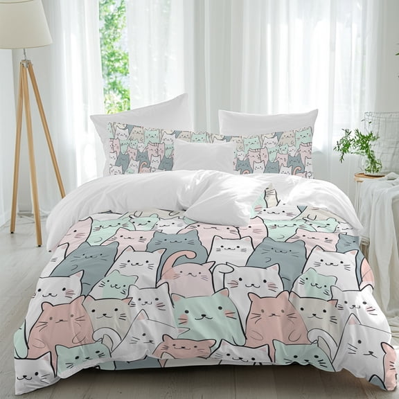 Cute Cat 4 Piece Duvet Cover Set Queen Size Cartoon Animal Light Pink Blue White Kitty Soft Bedding Set Comforter Cover, 1 Duvet Cover 1 Flat Sheets and 2 Pillowcases