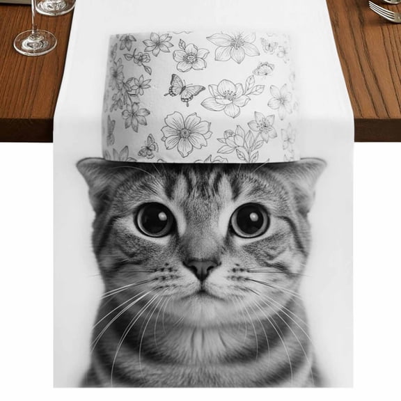 Cute Cat 48 Inch Table Runner, Funny Animal Toilet Paper Abstract Art Farmhouse Dresser Scarf Cotton & Linen Tablerunner for Dining/Kitchen Island/Holiday Party Décor 13" x 48"