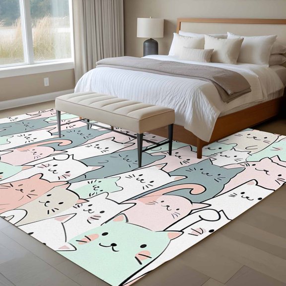 Cute Cat 6x9 Rug for Dining Room Table and Chair Setup, Cartoon Animal Light Pink Blue White Kitty Low Pile Washable Non Slip Rectangle Area Rug