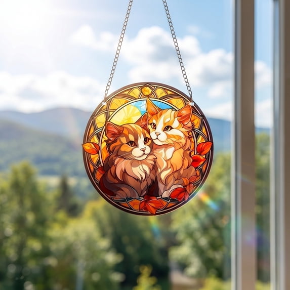 Cute Cat Acrylic Suncatcher for Window Hanging, Stained Glass Window Hanging Sun Catcher with Chain, Colorful Decorative Ornaments for Home Window Art Decor