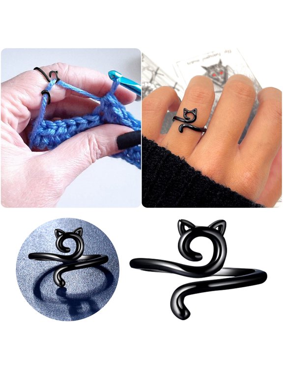 Cute Cat Adjustable Rings, Yarn Ring Cat Kitty Ears Crochet Ring for Beginners, Adjustable Size Knitting Crocheting Tension Regulator Tool, Black Cat Ear Finger Ring
