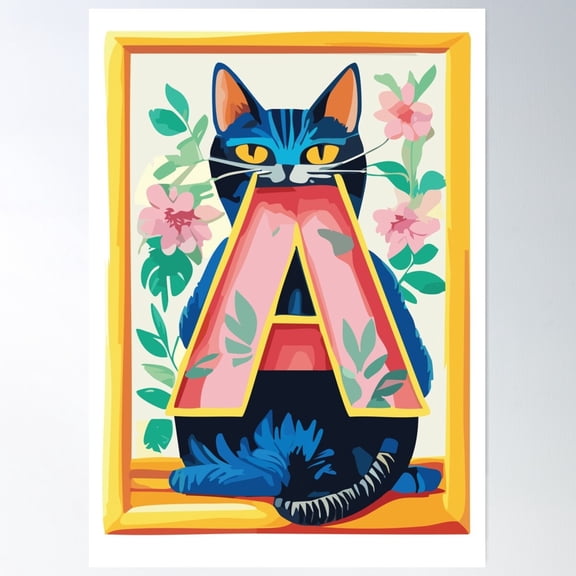 Cute Cat Alphabet – Letter A With Floral Elements Poster Wall Art, Modern Wall Decor For Living Room Bedroom, 24x36 UNFRAMED