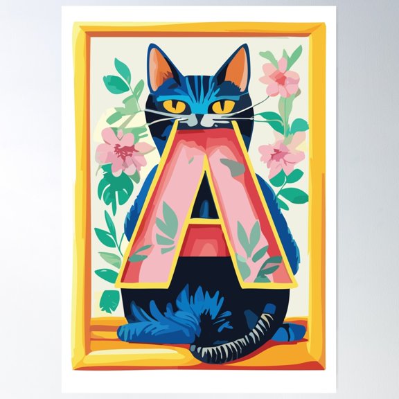 Cute Cat Alphabet – Letter A With Floral Elements Poster Wall Art, Modern Wall Decor For Living Room Bedroom, 8x12 UNFRAMED