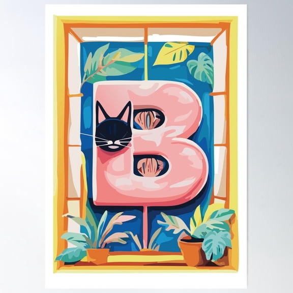 Cute Cat Alphabet – Letter B With Floral Elements Poster Wall Art, Modern Wall Decor For Living Room Bedroom, 12x18 UNFRAMED