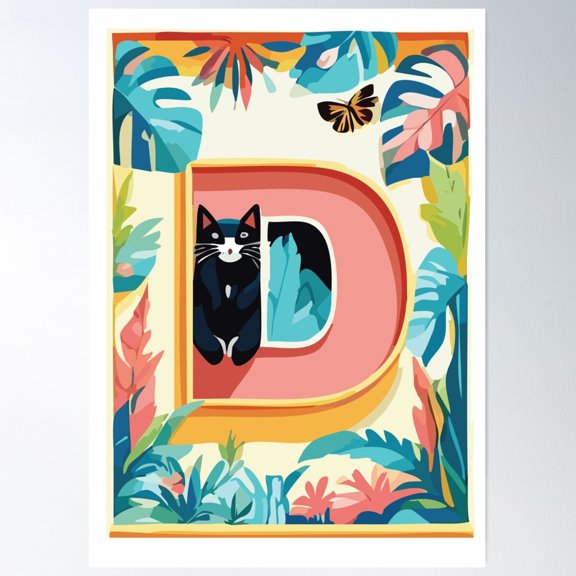 Cute Cat Alphabet – Letter D With Floral Elements Poster Wall Art, Modern Wall Decor For Living Room Bedroom, 24x36 UNFRAMED