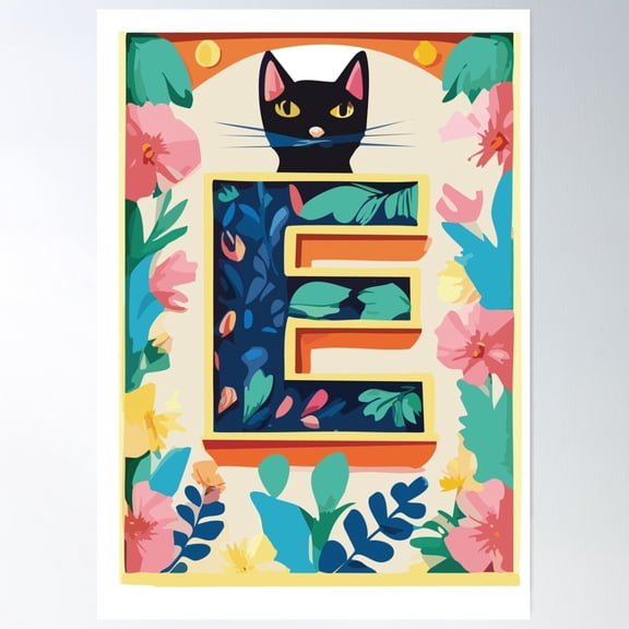 Cute Cat Alphabet Letter E With Floral Elements Poster Wall Art Modern Wall Decor For Living Room Bedroom Art