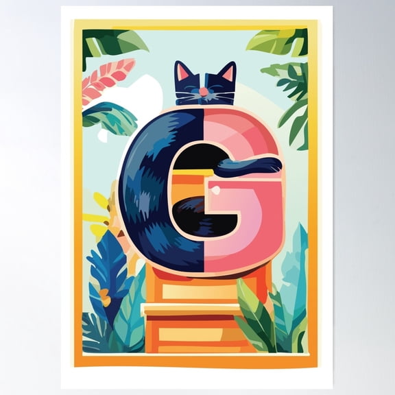 Cute Cat Alphabet – Letter G With Floral Elements Poster Wall Art, Modern Wall Decor For Living Room Bedroom, 16x24 UNFRAMED