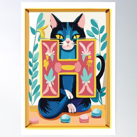 Cute Cat Alphabet – Letter H With Floral Elements Poster Wall Art, Modern Wall Decor For Living Room Bedroom, 8x12 UNFRAMED