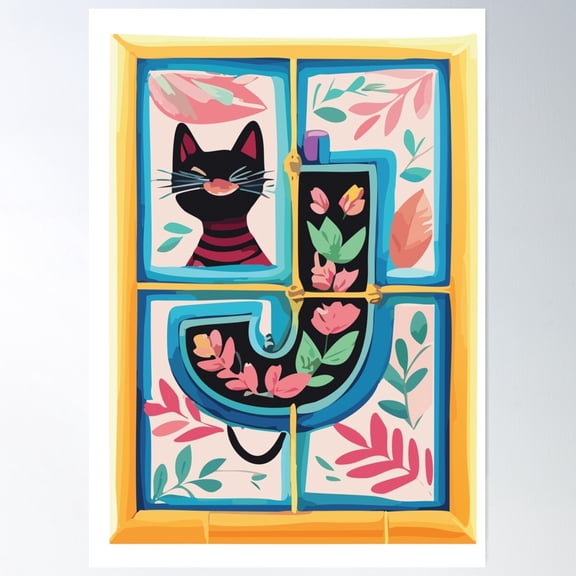 Cute Cat Alphabet – Letter J With Floral Elements Poster Wall Art, Modern Wall Decor For Living Room Bedroom, 16x24 UNFRAMED