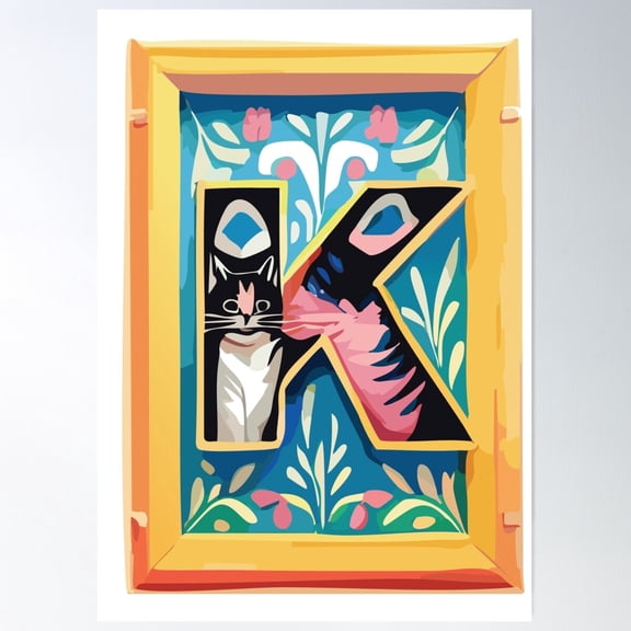 Cute Cat Alphabet – Letter K With Floral Elements Poster Wall Art, Modern Wall Decor For Living Room Bedroom, 24x36 UNFRAMED