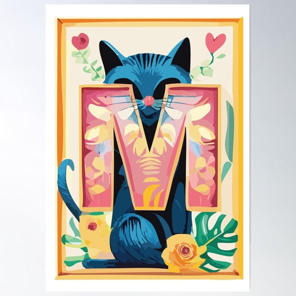 Cute Cat Alphabet – Letter M With Floral Elements Poster Wall Art, Modern Wall Decor For Living Room Bedroom, 8x12 UNFRAMED
