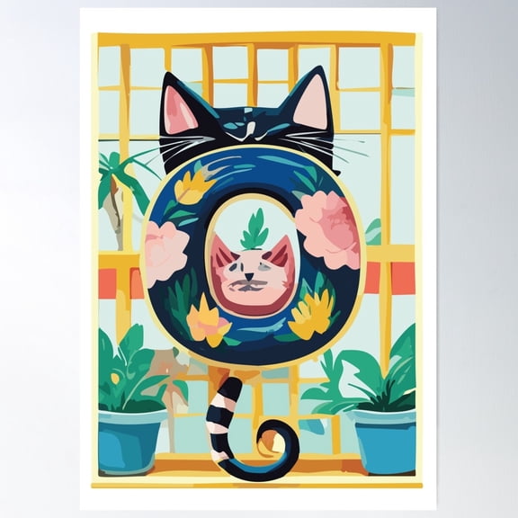 Cute Cat Alphabet – Letter O With Floral Elements Poster Wall Art, Modern Wall Decor For Living Room Bedroom, 8x12 UNFRAMED