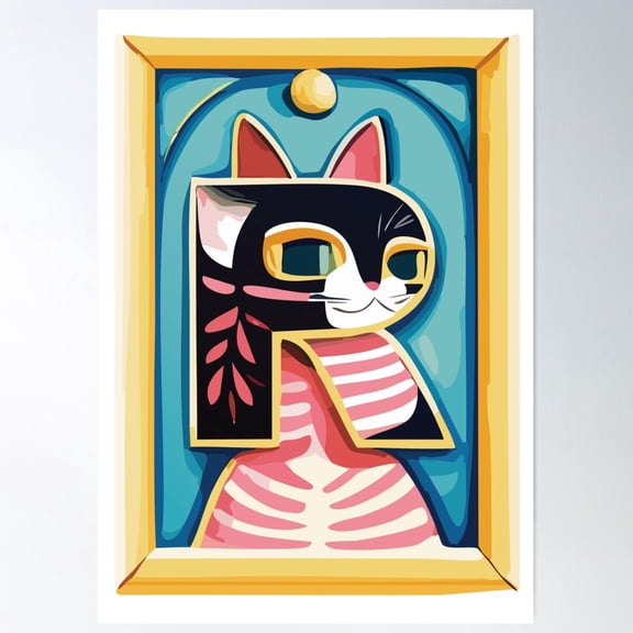 Cute Cat Alphabet – Letter R With Floral Elements Poster Wall Art, Modern Wall Decor For Living Room Bedroom, 8x12 UNFRAMED