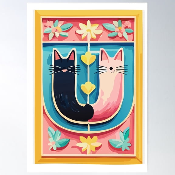 Cute Cat Alphabet – Letter U With Floral Elements Poster Wall Art, Modern Wall Decor For Living Room Bedroom, 8x12 UNFRAMED