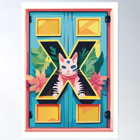 Cute Cat Alphabet – Letter X With Floral Elements Poster Wall Art, Modern Wall Decor For Living Room Bedroom, 24x36 UNFRAMED