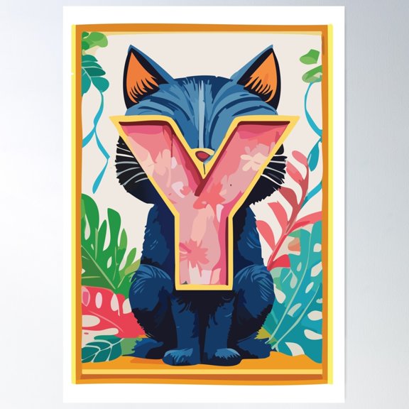 Cute Cat Alphabet – Letter Y With Floral Elements Poster Wall Art, Modern Wall Decor For Living Room Bedroom, 16x24 UNFRAMED