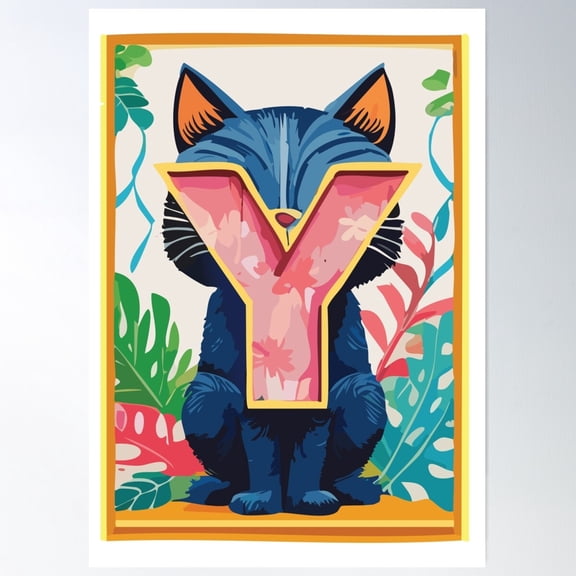 Cute Cat Alphabet – Letter Y With Floral Elements Poster Wall Art, Modern Wall Decor For Living Room Bedroom, 8x12 UNFRAMED
