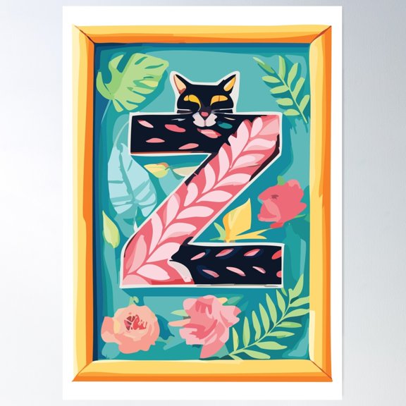 Cute Cat Alphabet – Letter Z With Floral Elements Poster Wall Art, Modern Wall Decor For Living Room Bedroom, 12x18 UNFRAMED