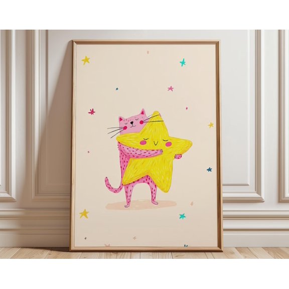 Cute Cat And Star Wall Art Print, Unframed Paper Poster 24x36in