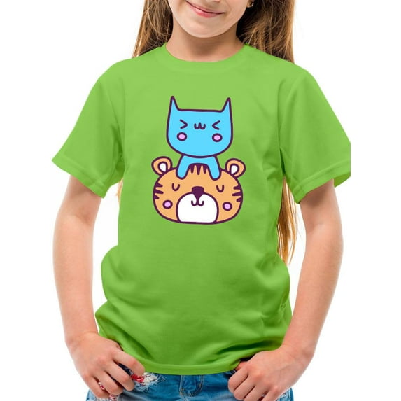 Cute Cat And Tiger Stack T-Shirt Juniors -Image by Shutterstock, Medium