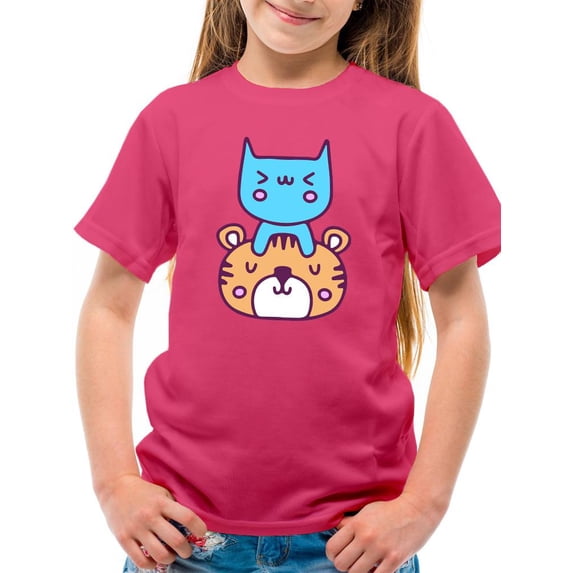 Cute Cat And Tiger Stack T-Shirt Juniors -Image by Shutterstock, Small