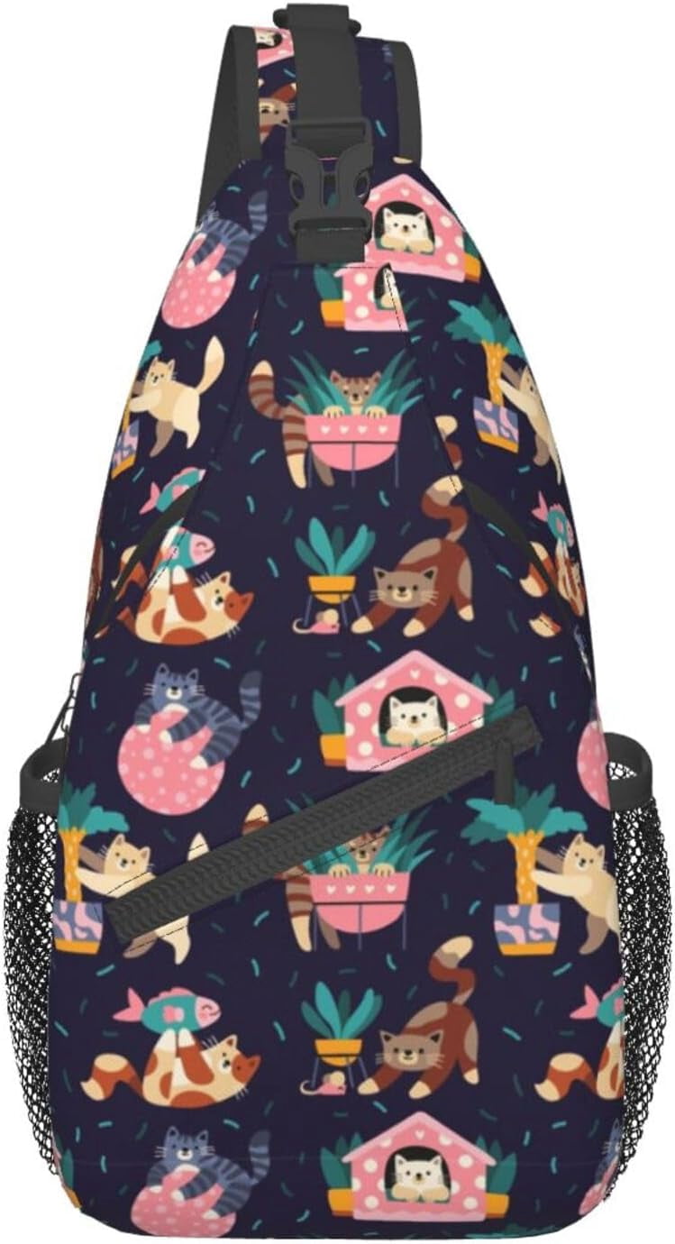 Cute Cat Animal Pattern Sling Bag Crossbody Hiking Travel Chest Bags Backpack Shoulder Daypack for Women Men