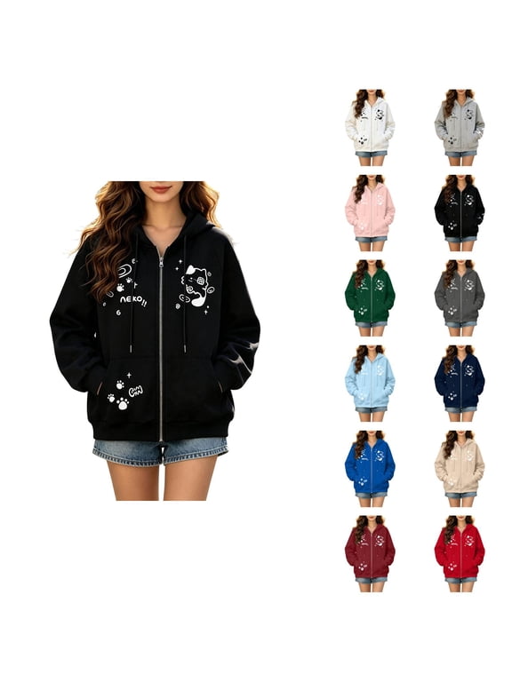 Cute Cat Anime Hoodie for Women Long Sleeve Kawaii Hoodies Casual Zip Up Hooded Sweatshirt Jacket with Pockets