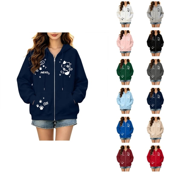 Cute Cat Anime Hoodie for Women Long Sleeve Kawaii Hoodies Casual Zip Up Hooded Sweatshirt Jacket with Pockets