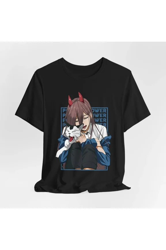 Cute Cat Anime Tee, Kawaii Power T-Shirt for Cat Lovers, Unisex Jersey Short