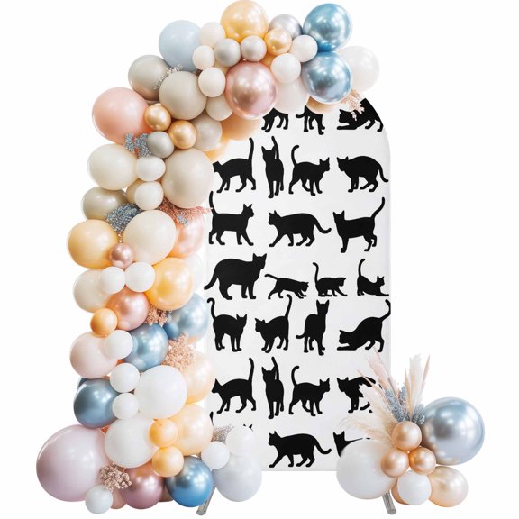 Cute Cat Arch Backdrop Cover 4 FT Black Cat Cartoon Animal White Background Stretchy Elastic Arch Stand Covers Spandex Arched Background Birthday Wedding Party Decoration (No Stand)