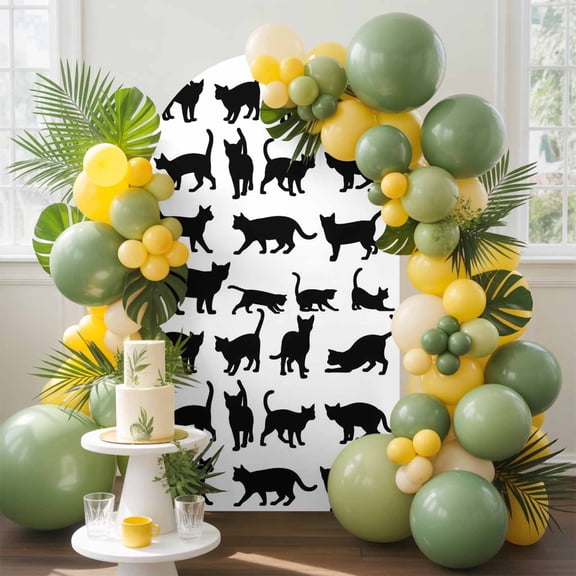 Cute Cat Arch Backdrop Cover, 4FT, Black Cat Cartoon Animal White Background Spandex Arch Covers Double-Sided Backdrop for Wedding Birthday Party Photo Background Decoration