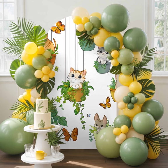 Cute Cat Arch Backdrop Cover, 7.2FT, Green Potted Plant Butterfly Botanical Rustic Spandex Arch Covers Double-Sided Backdrop for Wedding Birthday Party Photo Background Decoration