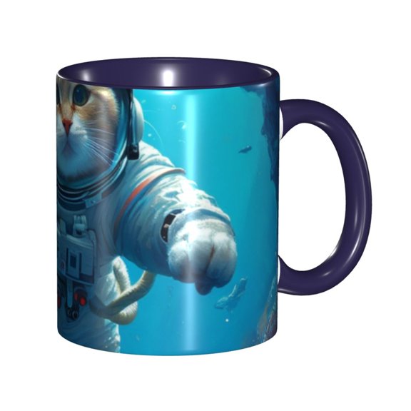 Cute Cat Astronaut Diving Coffee Mug Fun Custom Ceramic Mugs 11oz Navy Blue