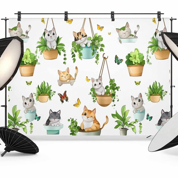 Cute Cat Backdrop for Photography, Butterfly Green Plant Modern Cartoon Animal Photo Backdrop Portrait Background Party Banner Photo Backgrounds for Studio Booth Props, 10x8ft