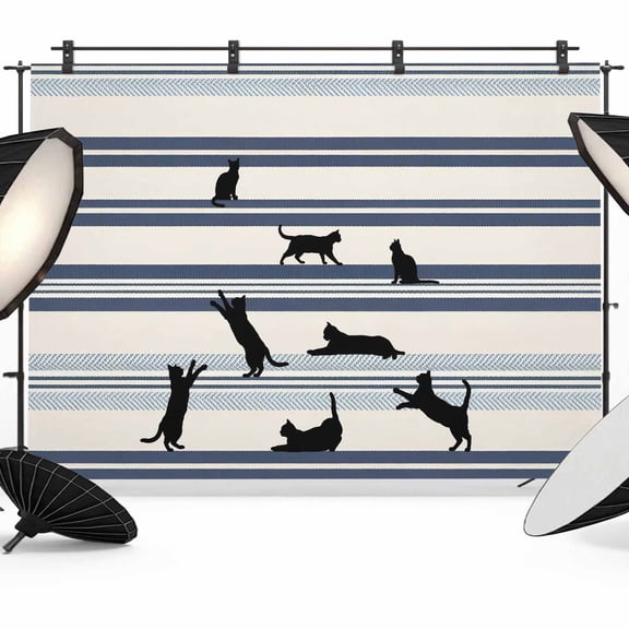 Cute Cat Backdrop for Photoshoot,Photography Photo Studio Background Wall Backdrop,Funny Playing Animals Blue Stripe Lines Retro Back Drop Banner Panel for Portraits Wedding Live Streaming 12x8Ft