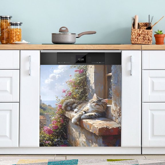 Cute Cat Basking in The Sun Lazily Dishwasher Magnet Cover Reuseable Refrigerator Magnet Cover Decal Kitchen Fridge Microwave Stickers Hoilday Party Decor 23 x 26 inch